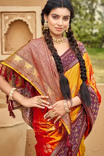 Orange soft silk blend woven ethnic ceremonial saree