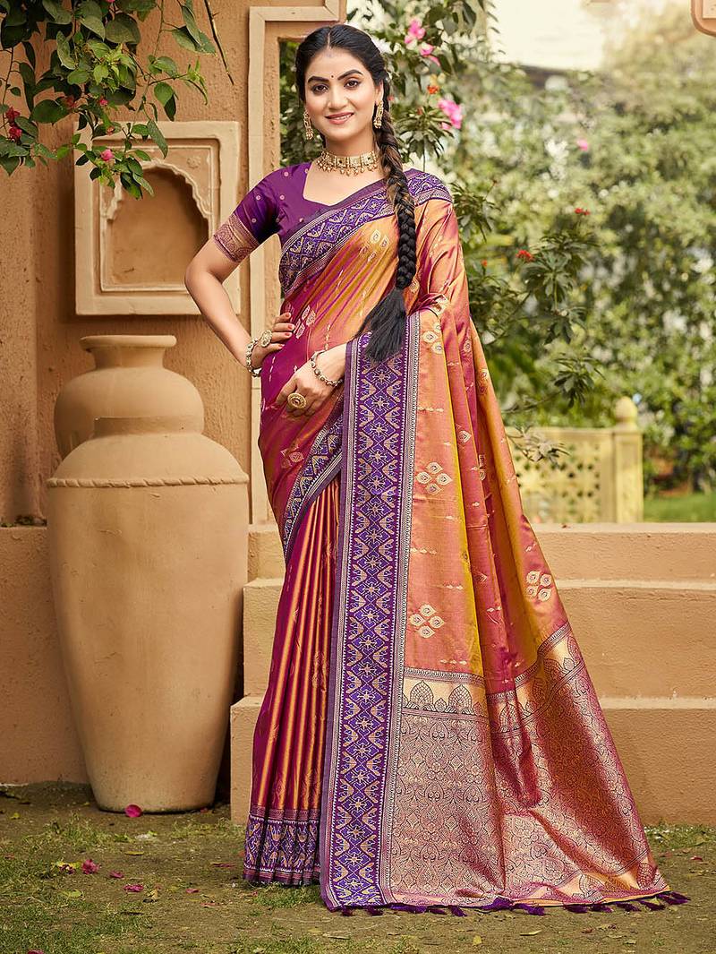 Lavender color soft silk fabric woven designer ethnic ceremonial saree