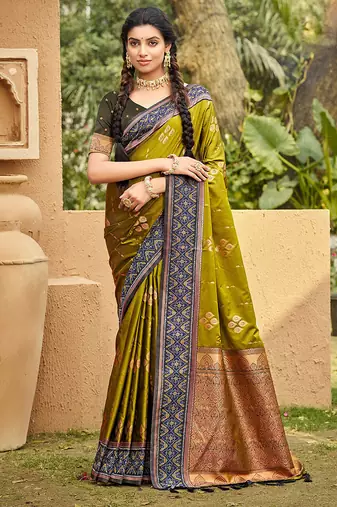 Olive color soft silk fabric woven designer ethnic ceremonial saree