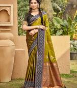 Olive color soft silk fabric woven designer ethnic ceremonial saree