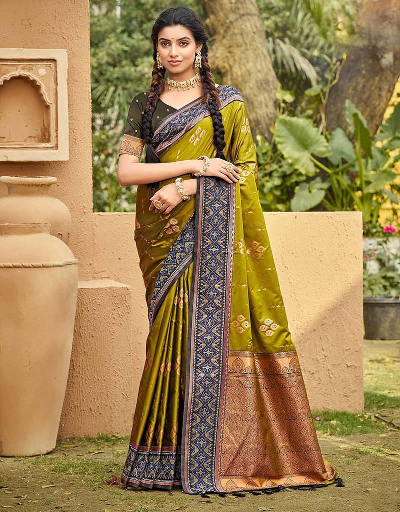 Olive color soft silk fabric woven designer ethnic ceremonial saree