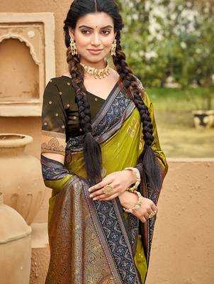 Olive soft silk blend woven ethnic ceremonial saree 2