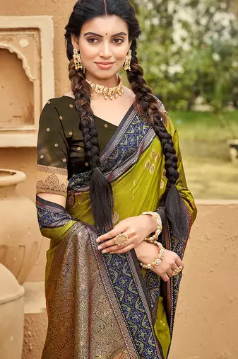Olive soft silk blend woven ethnic ceremonial saree