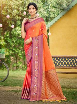 Orange woven soft silk blend trendy rich looks saree 1