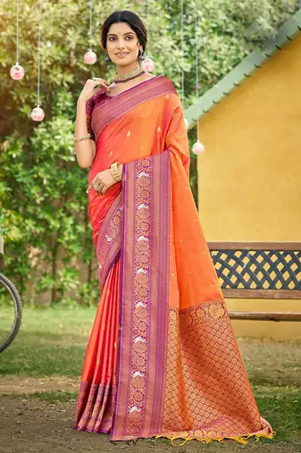 Orange color woven designer soft silk fabric trendy rich looks saree