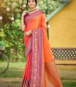 Orange color woven designer soft silk fabric trendy rich looks saree