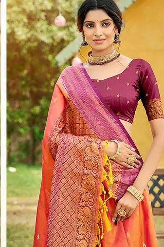 Orange woven soft silk blend trendy rich looks saree