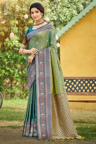 Pista color woven designer soft silk fabric trendy rich looks saree