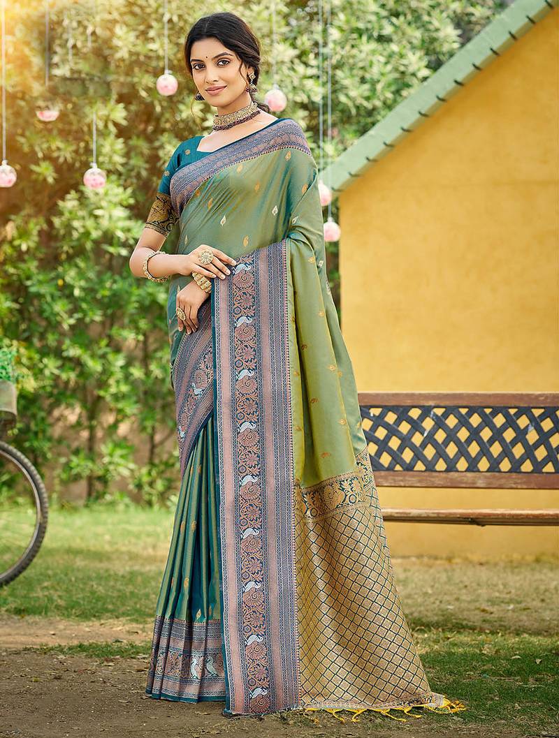 Pista color woven designer soft silk fabric trendy rich looks saree