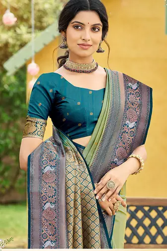 Pista woven soft silk blend trendy rich looks saree