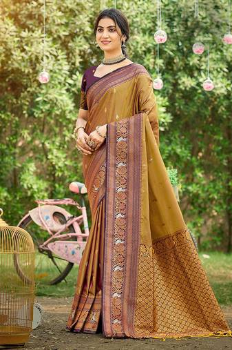 Brown color woven designer soft silk fabric trendy rich looks saree