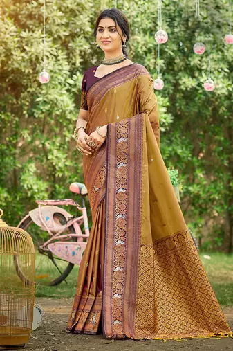 Brown color woven designer soft silk fabric trendy rich looks saree