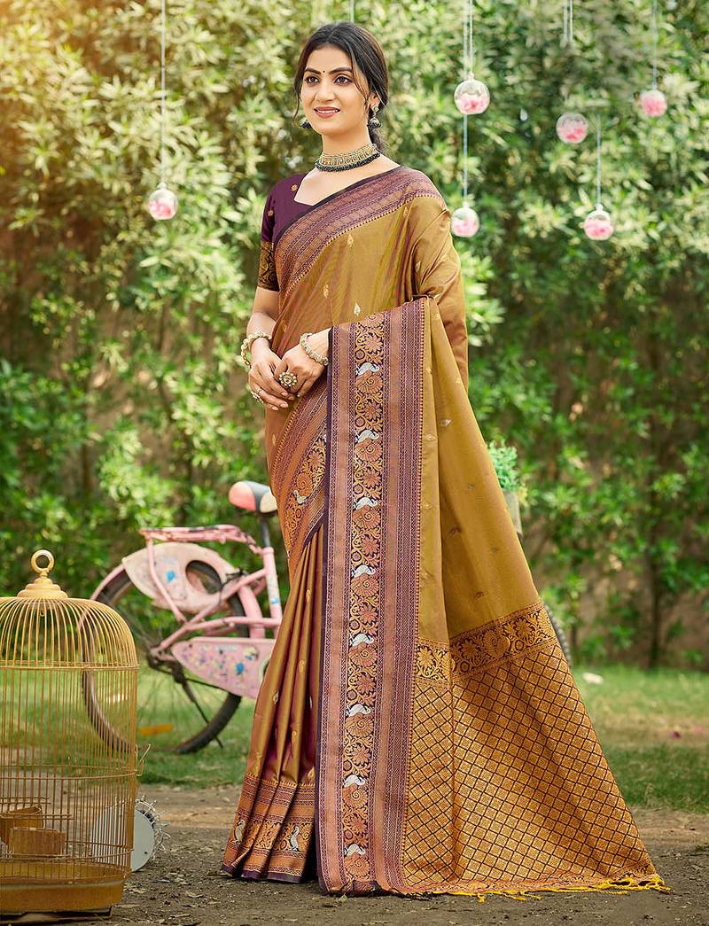 Brown color woven designer soft silk fabric trendy rich looks saree