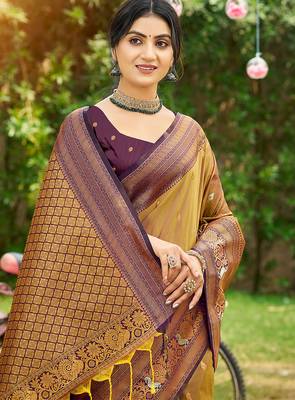 Brown woven soft silk blend trendy rich looks saree 2