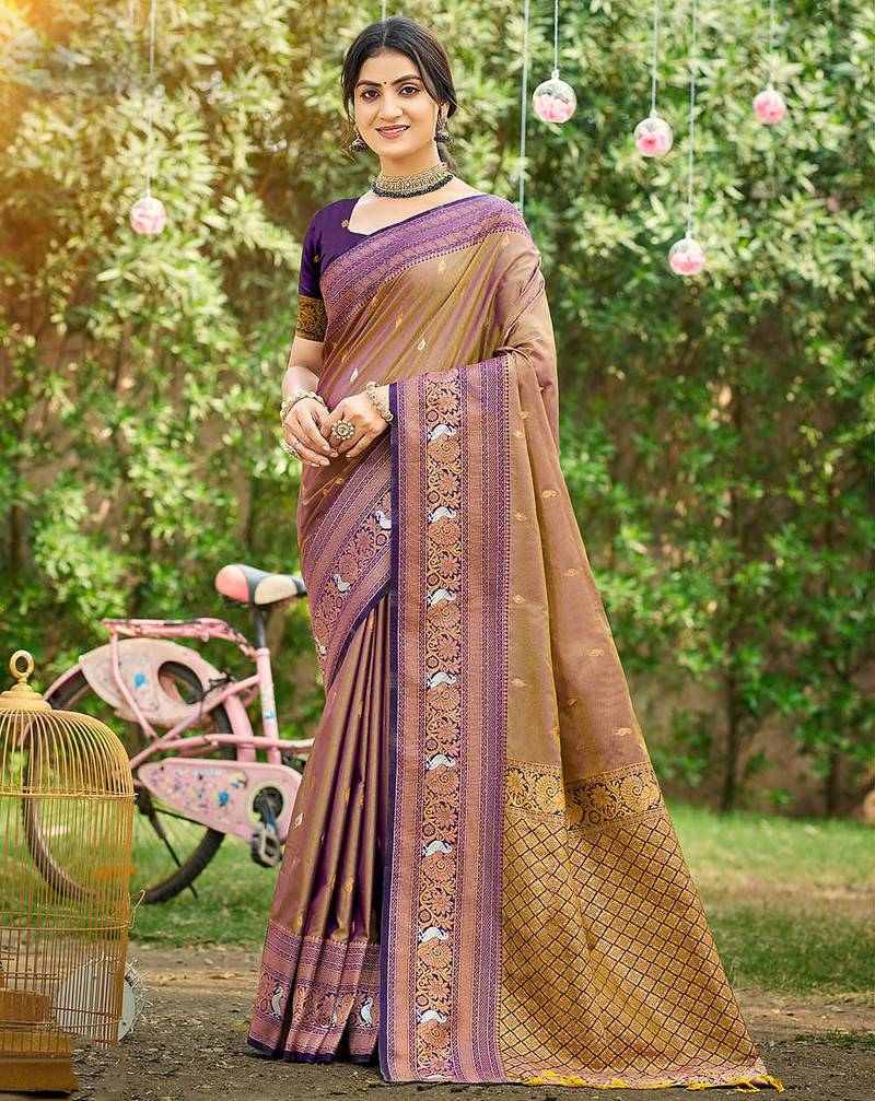 Voilet color woven designer soft silk fabric trendy rich looks saree