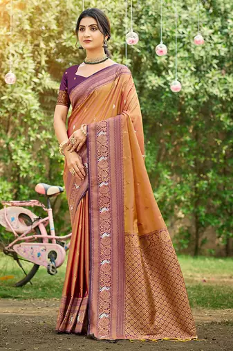 Mustard color woven designer soft silk fabric trendy rich looks saree