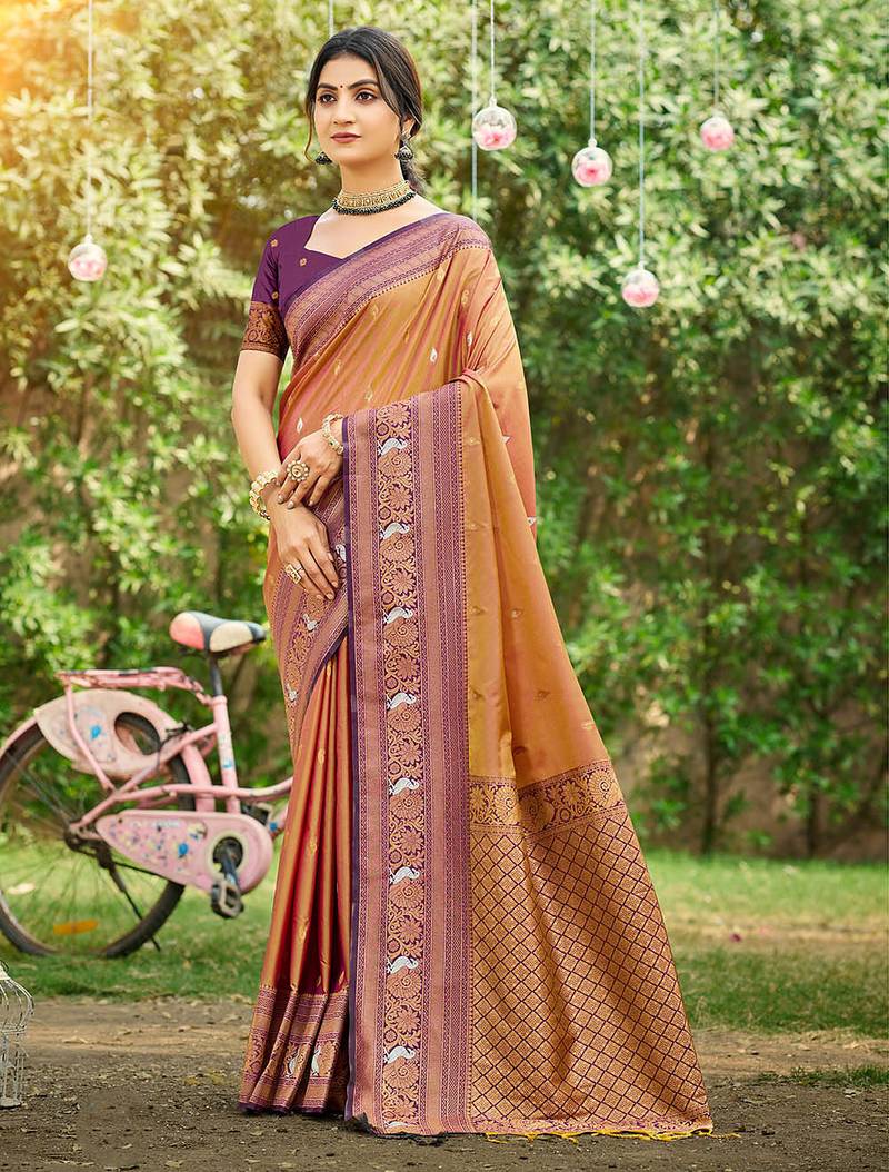 Mustard color woven designer soft silk fabric trendy rich looks saree