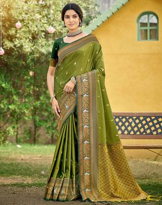 Olive woven soft silk blend trendy rich looks saree 1
