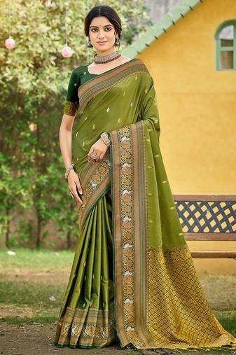 Olive color woven designer soft silk fabric trendy rich looks saree