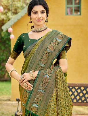 Olive woven soft silk blend trendy rich looks saree 2