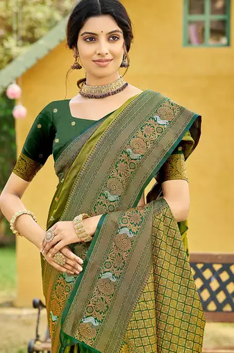 Olive woven soft silk blend trendy rich looks saree