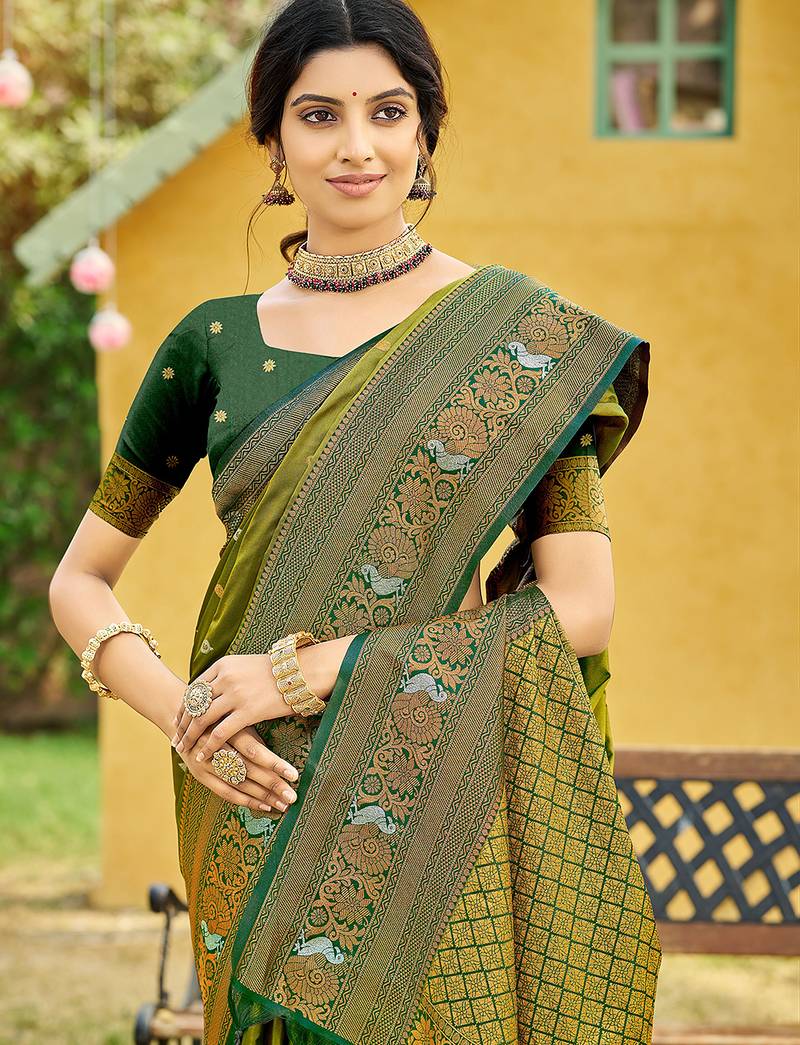 Olive color woven designer soft silk fabric trendy rich looks saree
