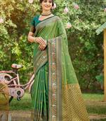 Green color woven designer soft silk fabric trendy rich looks saree