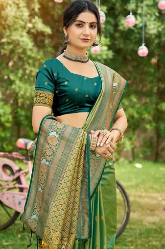 Green woven soft silk blend trendy rich looks saree