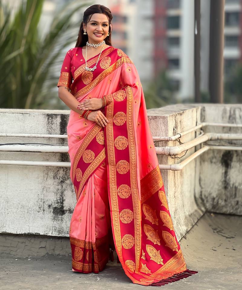 Coral color soft silk fabric woven designer girlie rich look saree
