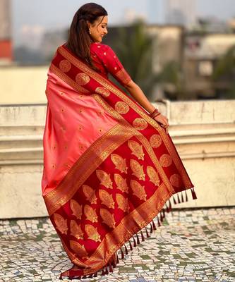 Coral soft silk blend woven girlie rich look saree 2