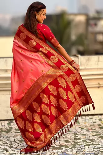 Coral soft silk blend woven girlie rich look saree