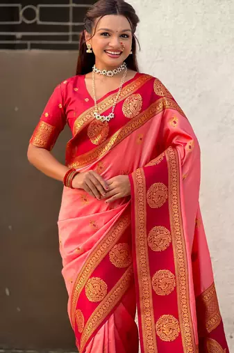 Coral soft silk blend woven girlie rich look saree