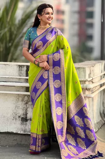 Light parrot green woven zari traditional motifs work silk blend   