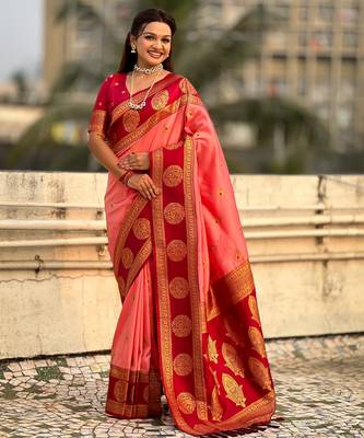 Coral soft silk blend woven girlie rich look saree 4