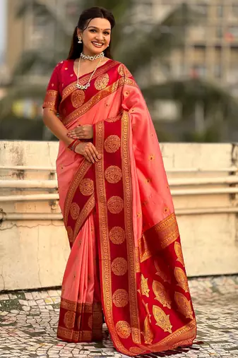 Coral soft silk blend woven girlie rich look saree