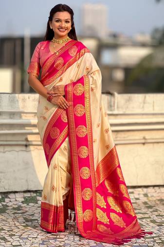 Cream color soft silk fabric woven designer girlie rich look saree