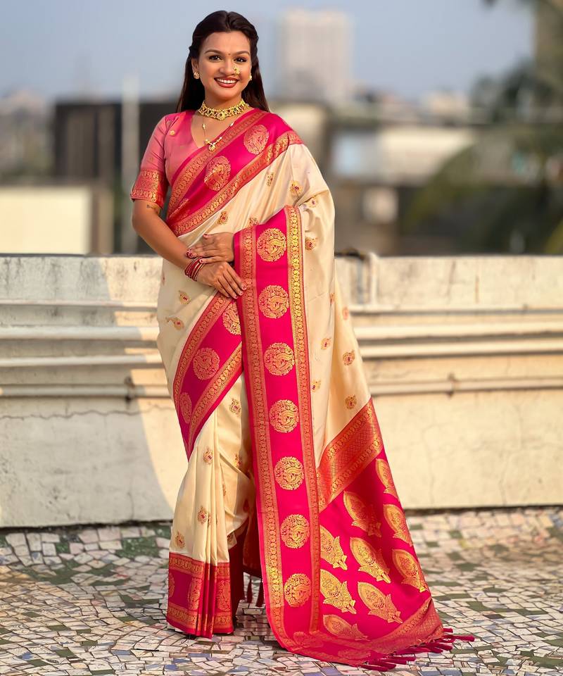 Cream color soft silk fabric woven designer girlie rich look saree