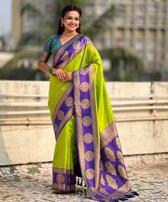 Light parrot green woven zari traditional motifs work silk blend    2