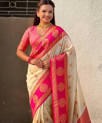 Cream soft silk blend woven girlie rich look saree 2