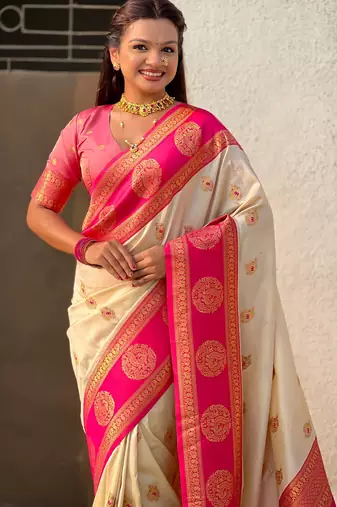 Cream soft silk blend woven girlie rich look saree