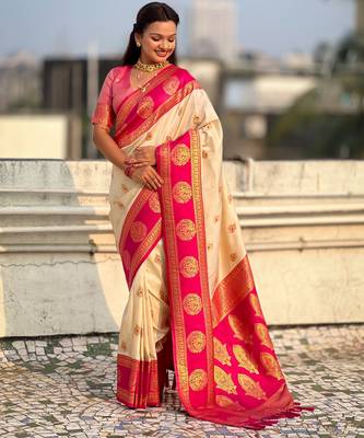 Cream soft silk blend woven girlie rich look saree 3