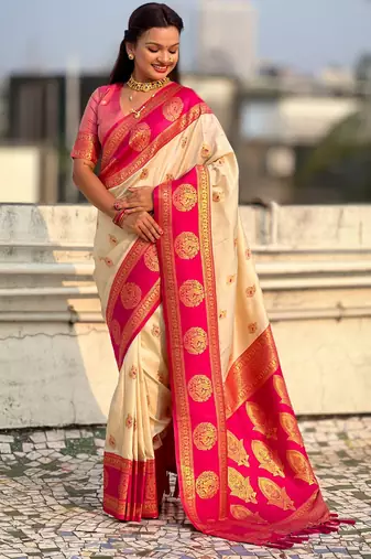 Cream soft silk blend woven girlie rich look saree