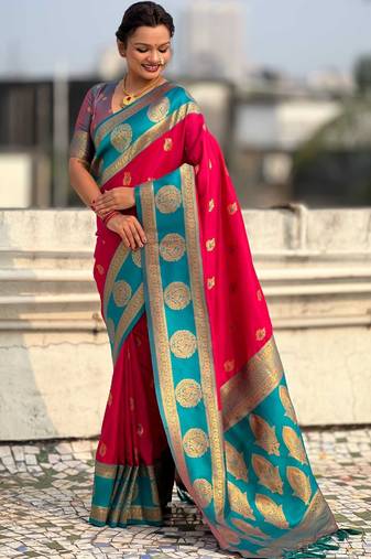 Pink woven zari traditional motifs work silk blend   