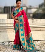 Pink woven zari traditional motifs work silk blend   