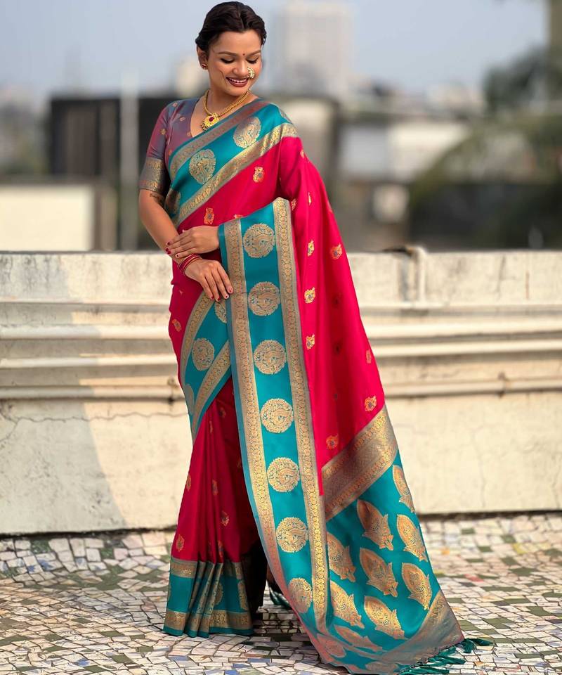 Pink woven zari traditional motifs work silk blend   