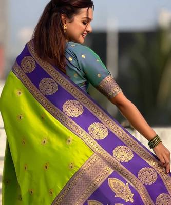 Light parrot green woven zari traditional motifs work silk blend    4