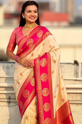 Cream soft silk blend woven girlie rich look saree