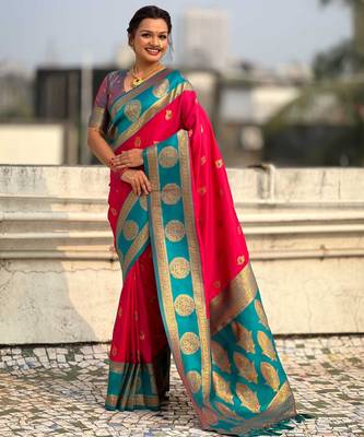 Pink woven zari traditional motifs work silk blend    2