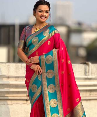 Pink woven zari traditional motifs work silk blend    3