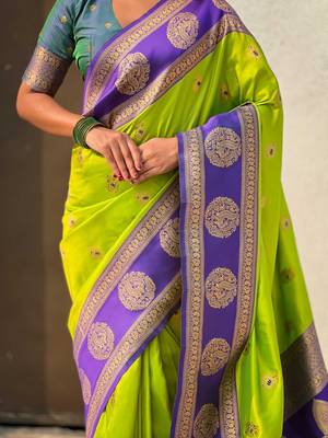 Light parrot green woven zari traditional motifs work silk blend    5